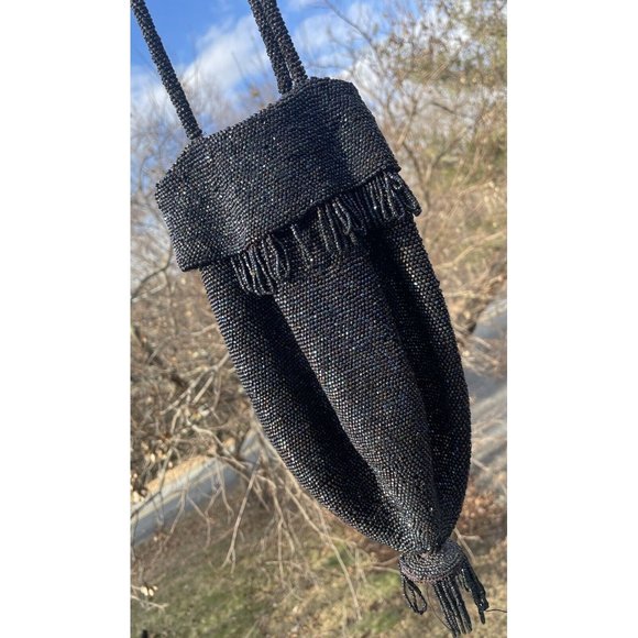 Antique Vintage 20th C.  Dark Iridescent Beaded Flapper Art Deco Glass Purse Bag - Picture 4 of 16